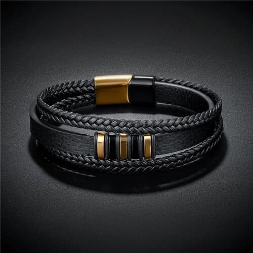 Fashion Stainless Steel Bracelet 3 Layers Black Gold Punk Style Men Leather Genuine Bracelet Men Braided Multilayer Bracelet Men