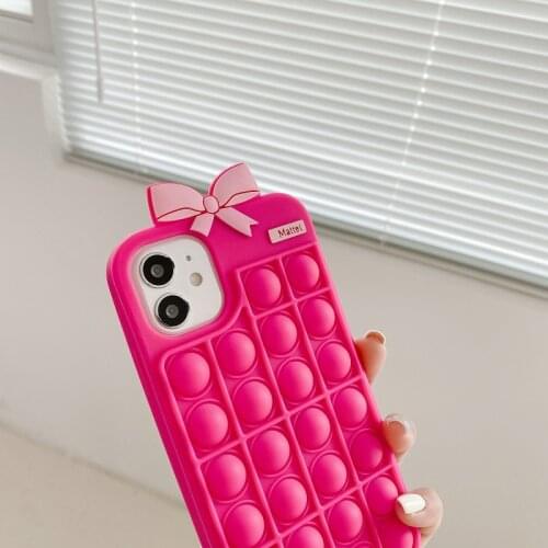 Squeeze Toy Push Bubble Silicone Phone Case for Iphone 11 12 Pro Max X Xr Xsmax Soft Mobile Cover with Pom Pom Chain Coque