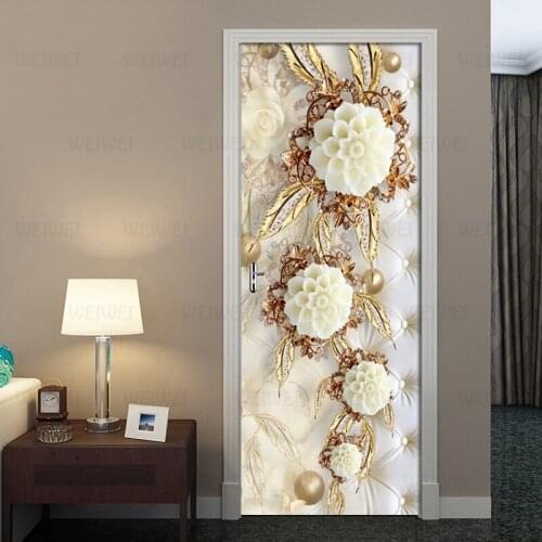 Door Sticker Luxury Flower Waterproof Living Room Bedroom Door Wallpaper Self Adhesive Art Wall Decals Imitation 3D Wall Sticker