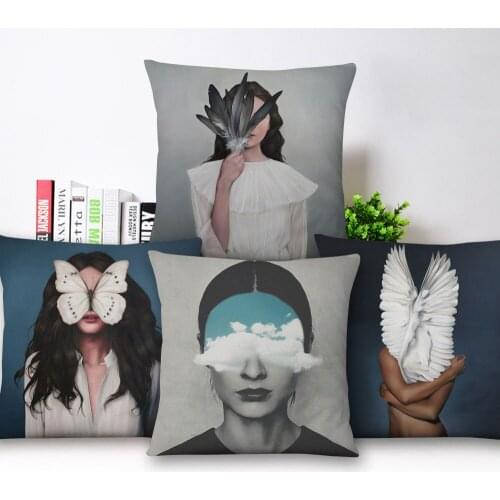 Girl with Feather Cushion Cover Beauty Portrait Painting Pillowcase Throw Pillow Cases 45X45cm Sofa Decoration