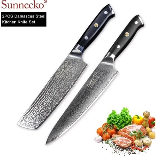 SUNNECKO 2PCS Kitchen Knives Set Cleaver Chef Knife Japanese Damascus VG10 Steel Razor Sharp Blade G10 Handle Cutting Meat Tools