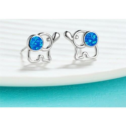 Charm Hollow Elephant Small Stud Earrings White Blue Opal Round Stone Earrings Rose Gold Silver Color Wedding Earrings For Women