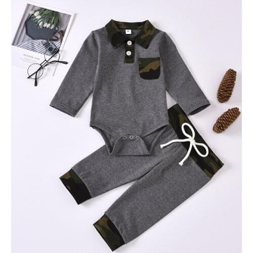 Baby Boy Clothes 2pcs Set Cotton Long Sleeve Turn-down Collar Pocket Button Solid Romper Tops+Trouser Casual Baby Clothing 0-24M