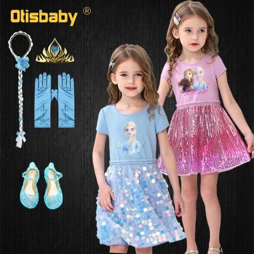 2 - 10Years Fantasia Girls Snow Queen Cosplay Anna Elsa Dress Summer Cute Kids Holiday Sequin Gown Beauty Girl Bling Beach Dress