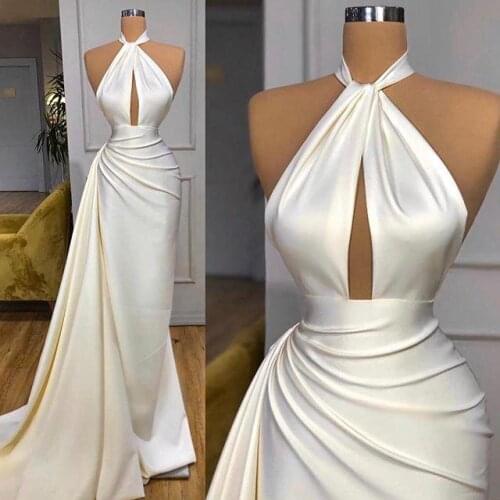 Simple White Sexy Evening Dresses 2020 High Neck Keyhole Side Train Mermaid Arabic Dubai Prom Gowns vestidos formales