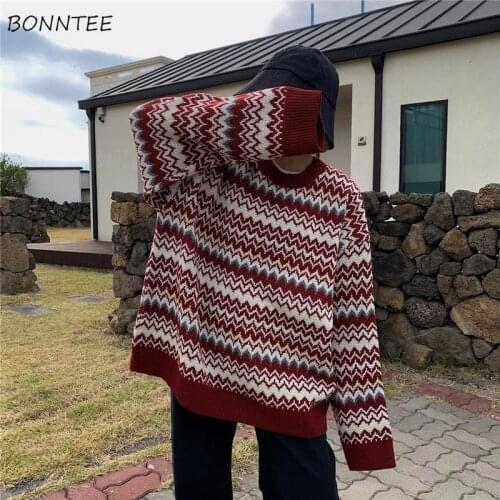 Sweaters Women Oversized Chic BF Style Retro Striped Boyfriend Knitwear Harajuku Vintage All-match Simple O-Neck Womens Sweater