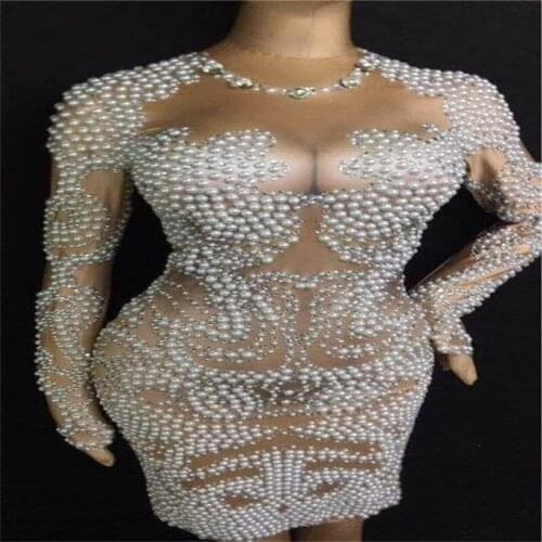 R89 Ballroom dance costumes club female bodysuit dj singer wears Pearl skirt sexy outfits dresses party clothe bar models print