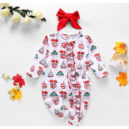 Xmas Baby Girl Clothes Long Sleeves Printing Romper Jumpsuits + Red Bow Headband Outfits Toddler Girl Autumn Clothes 0-24 Months