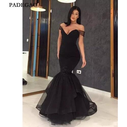 Sexy Black Evening Dresses Mermaid Long Party Dress V Neck Off Shoulder Floor Length Ruffles Plus Size