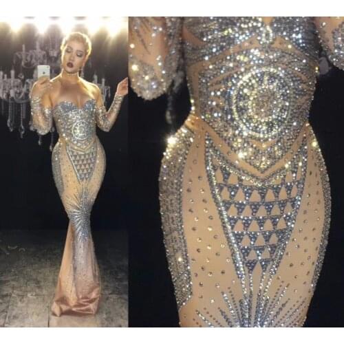 Sexy Silver Glisten Crystals Costume Evening Birthday Celebrate Dress Wear Luxurious Outfit Super Sparkly Rhinestone Long Dress
