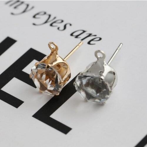 100pcs/lot 6mm 8mm Round Clear Crystal Rhinestone Post Earring Findings KC Gold Rhodium Color Earring Stud with Loop Ear Jewelry