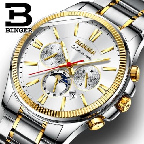 Switzerland BINGER Watch Men Sports Swimming Automatic Mechanical Men Watches Wristwatches relogio masculino Mens Watches Gold