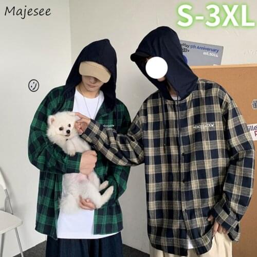 Men Plaid Hoodies Ins Vintage Hooded Oversize 3XL Chic Teenager Leisure All-match Single Breasted Sweatshirts BF Retro Hoodie