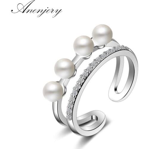 ANENJERY 925 Sterling Silver Trendy Korean Style Multi-layer Wedding Rings For Women Pearl Zircon Opening Rings S-R241