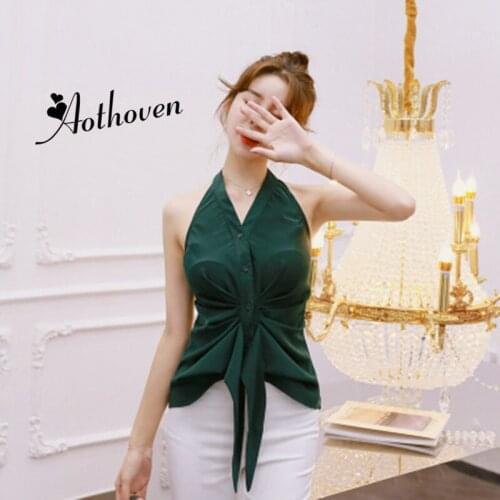 Halter Top Green Backless Asymmetrical Tops Women Plain Vest 2020 Summer New Female V Neck Draped Sexy Party Crop Top Vest