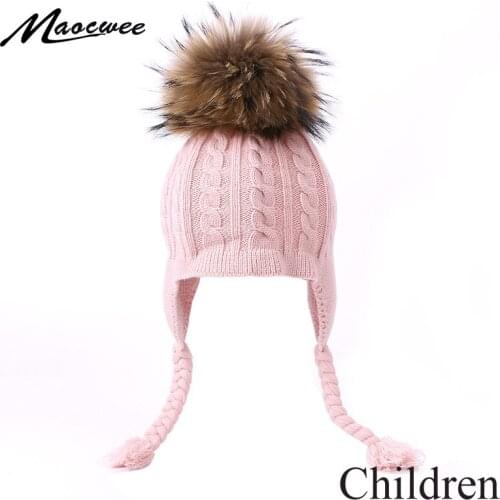 Winter Beanie Hats For Kids With Real Fur Pompom Children Earflaps Knitted Warm Caps Braid Solid Soft Hat Cute Skullies Beanies