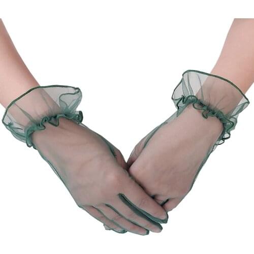 1 Pair Women Tulle Gloves Full Finger Mittens Stretchy Lace Lotus Leaf Sheers Flexible Solid Color Transparent Sexy Gloves