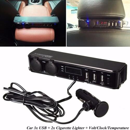 20Pcs/Lot Car Back Seat Headrest Mount 3 Port 5V 3A USB Charger + 2x 12v Cigarette Lighter + Time Volt Temp LED Display