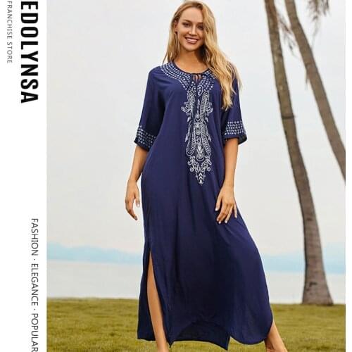 2020 Indie Folk Lace Up V-Neck Batwing Sleeve Summer Beach Dress Tunic Women Beachwear kaftan Maxi Dress Robe Sarong Q775