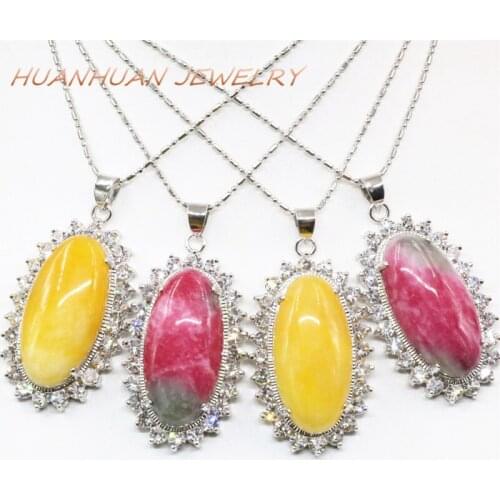 24x42mm Silver-Color Stainless Steel Chain For Women Stone Pendant Necklace Natural Jades Oval Pendants Crystal Jewelry B3363
