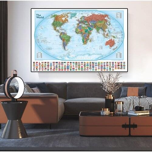 90*60cm The World Political Map With National Flags Vintage Canvas Painting Poster Wall Sticker Card Living Room Home Decoration