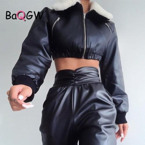BaQGW Women Zipper Long Sleeve Pu Leather Streetwear Fur Patchwork Black Soild Fashion Short Coat Jacket 2020 Female Clothing