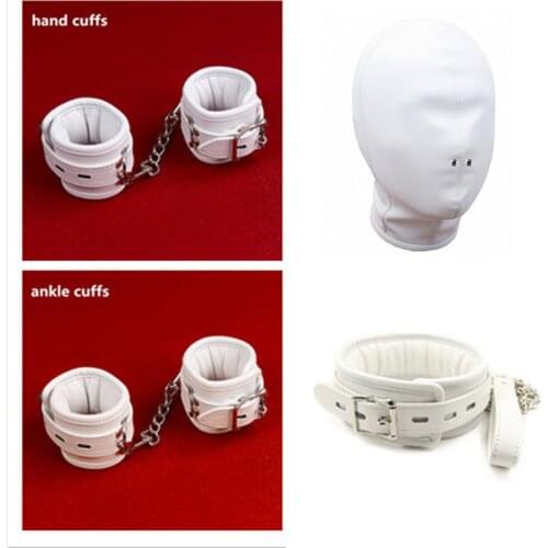 White Hand Cuffs Ankle Cuffs Choker Collar, Leather Padded Handcuffs Anklecuffs Belt, Bdsm Bondage Roleplay Adults Sex Toys