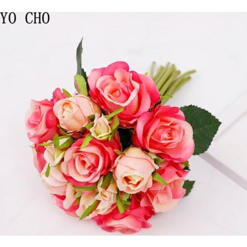 YO CHO 18 Heads Rose Bouquet Artificial Silk Flowers Fake Rose Bridal Wedding Bouquet Bridesmaid Flower Girl Party Home Decor