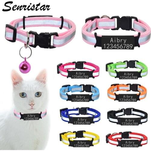 Custom ID Name Tag Cat Collar Bell Necklace Safety Reflective Nylon Kitten Cat Collar Personalized Engraved Nameplate Pet Collar