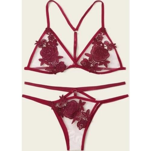 Sexy womens seamless wire free bra set stripper clothes red flower embroidery lingerie set see through mesh bra suit Female