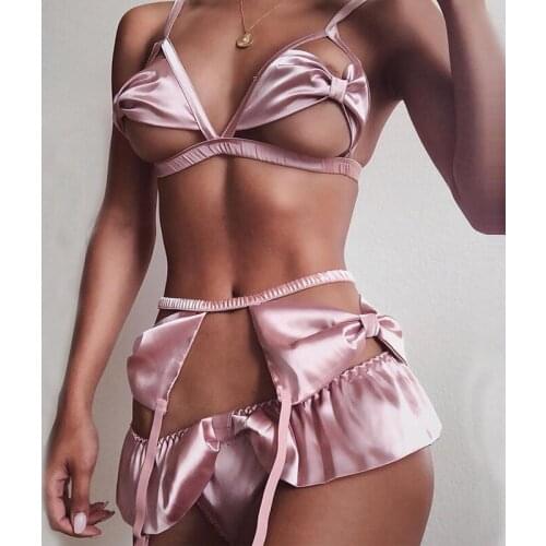 3 Pieces Sexy Lingerie Women Pink Bra Set Sex Underwear Hollow Out Silk Bra Cute Bondage Brassier Female Halter Satin Sleepwear