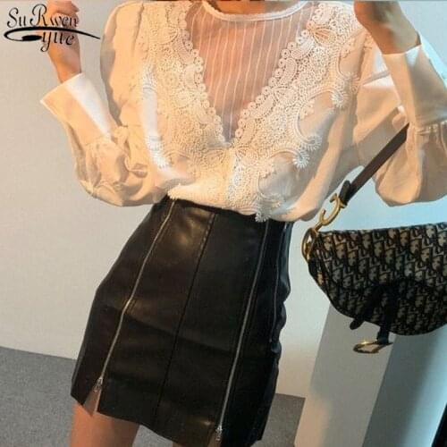 Korean Chic Retro Round Collar Stitched Lace Hook Flower Shirt Hollow See Through Loose Women Blouse Bubble Sleeve Top 13670