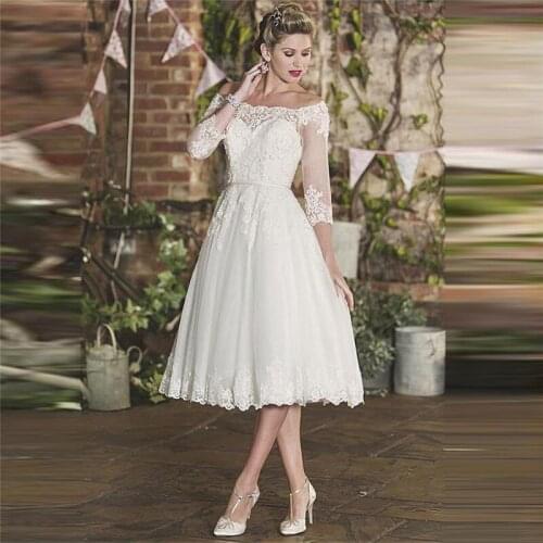 Short Wedding Dress Quarter Sleeves A-Line Lace Appliques Bridal Gowns Tea Length Custom Vintage Bride Wear 2020 Simple