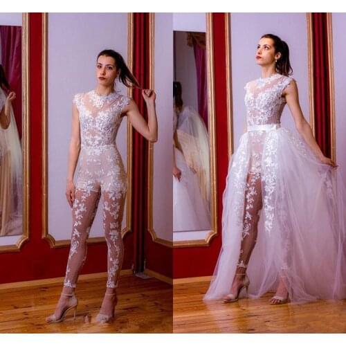Full Lace Beach Wedding Jumpsuit with Detachable Train 2021 Gorgeous High Neck Outdoor Wedding Bride Gown with Pant Suit robe de