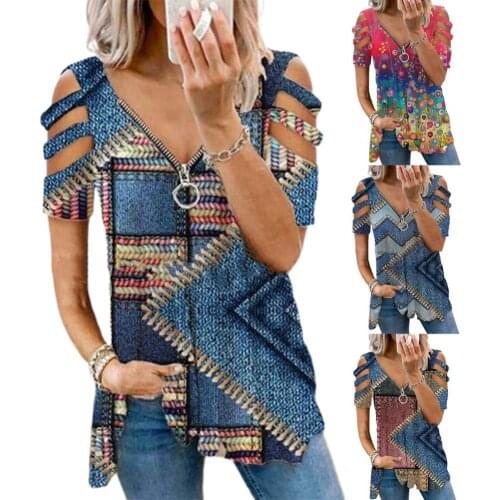 Summer New Sexy T-shirt Womens Printed V-neck Zipper Strapless Short-sleeved T-shirt Plus Size Casual Loose T-shirt
