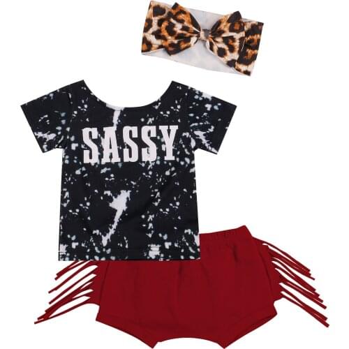 Citgeett Summer Infant Baby Girls Outfits Short Sleeve Letter Print Tops + Tassel Shorts + Headband Clothes Set