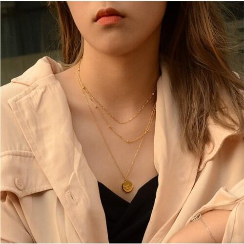 Multilayered Beats Titanium gold plating Chain Necklace For Women Disc Engraved Good Lucky Pendant Necklace Collar Jewelry