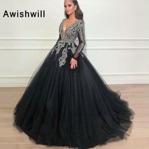 Fashion Black Prom Dresses Long Sleeves Sparkle Beaded Tulle Ball Gowns V-neck Dubai Arabic Evening Gown Abendkleider