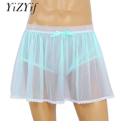 Men Sissy Skirt Panties Sexy Lingerie Elastic Lace Waist See Through Sheer Ruffled Sissy Crossdress Short Skirt Sissy Panties