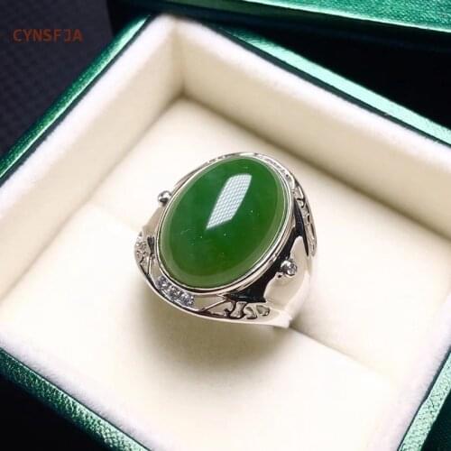 CYNSFJA New Real Rare Certified Natural Hetian Jade Jasper Mens Rings 925 Sterling Silver Amulet Russian Green Jade Gemstone