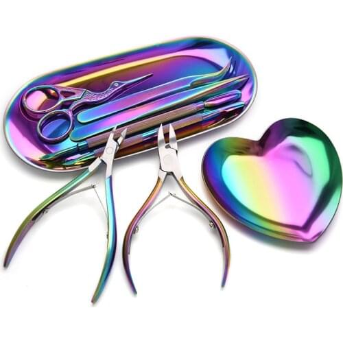 9Pcs/set Rainbow Stainless Nail Cuticle Pusher Tweezer Cutter Trimmer Clipper Scissor Dead Skin Manicure Pedicure Nails Art Tool