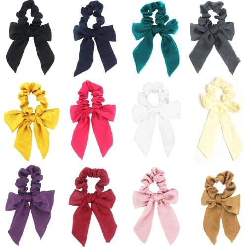 Vintage Solid Color Velvet Bow Hair Ribbon Scrunchie For Women Girls Long Elastic Hair Tie Headwear Female Hair Accessories