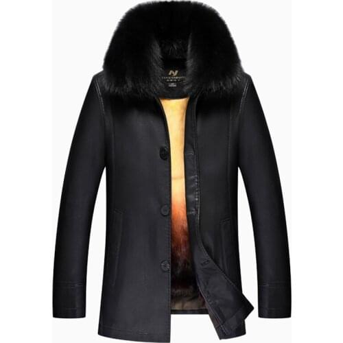 Luxury Mens Clothing Winter Warm Leather Jackets & Coats Fur Inside Big Rabbit Fur Collar jaqueta de couro Biker, Big M-XXXXL