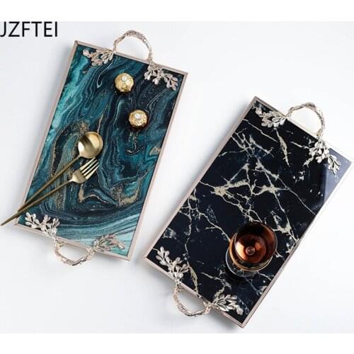 Nordic Luxury Marble Texture Storage Glass Tablet With Handle Fruit Food Tea Family Storage Box Jewelry Necklace Display Tray