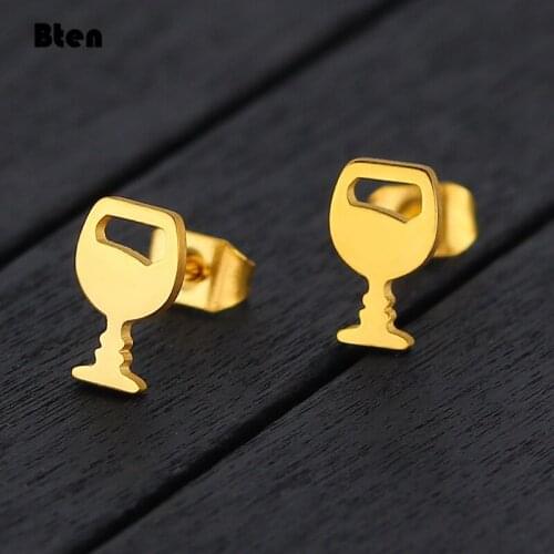 Bten Red wine Glass Shape Stud Earring Stainless Steel Jewelry For Women Party Wedding