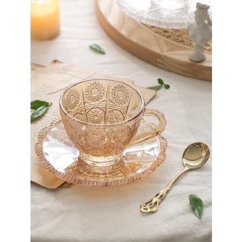 Vintage Embossed Flower Glass Cup and Saucer Afternoon Tea Dessert Coffee Cup Home European Style Tea Set Palace Style