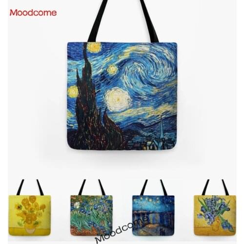 World Famous Oil Painting Van Gogh Starry Night Sunflower Waterproof Cotton Linen Shoulder Bag Grocery Shopping Tote Bag Handbag