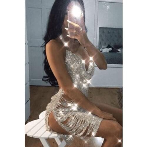 High Quality Silver Black Gold Strap Hollow Out Bodycon Bright Dress Fashion Mood Party Dress