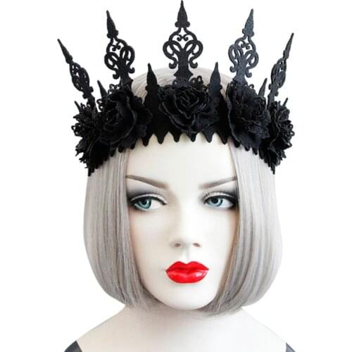 Lady Queen Head Wreath Vintage Gothic Black Crown Roses Tiara Headband Halloween Party Masquerade Cosplay Accessory