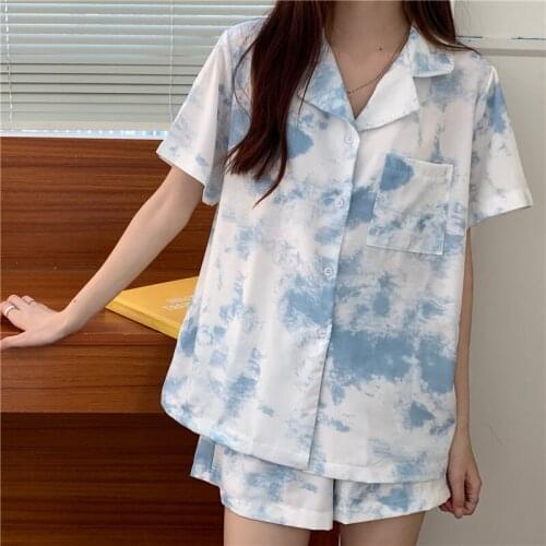Women Sleepwear Summer Pajama Set Silk Satin Blue Short Sleeve Casual Female Pijama Home Wear Girls Students Nightwear Suit